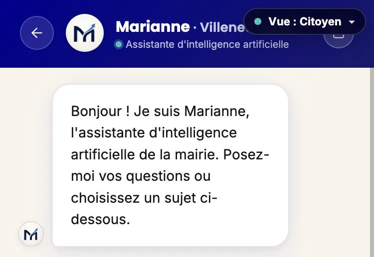 Écran de conversation de Marianne pour Villeneuve-les-Ormes. L’en-tête indique « Assistante d’intelligence artificielle ». La première bulle dit : « Bonjour ! Je suis Marianne, l’assistante d’intelligence artificielle de la mairie. Posez-moi vos questions ou choisissez un sujet ci-dessous. »